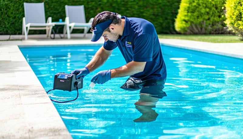 Sunwave Pool Pros technician performing digital water testing at a residential pool Sunwave Pool Pros technician performing digital water testing at a residential pool