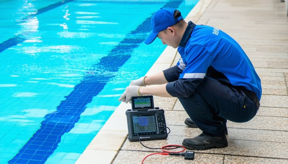 Professional pool technician testing pool water with digital equipment Professional pool technician testing pool water with digital equipment
