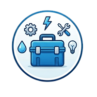 Other Pool Services - Sunwave Pool Pros - Sunwave Pool Pros Blue toolbox inside a circular badge with tools and symbols for maintenance and repair.