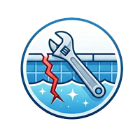 Pool Repairs - Sunwave Pool Pros - Sunwave Pool Pros Circular pool repair icon with a wrench fixing a crack in a blue pool background